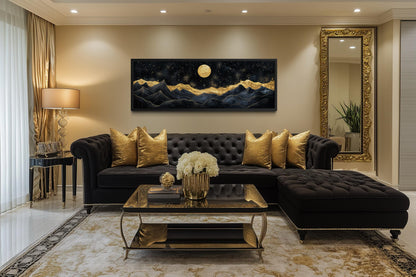Black Gold Mountain Wall Art – Moonlit Night Landscape Canvas Print, Abstract Nature Painting