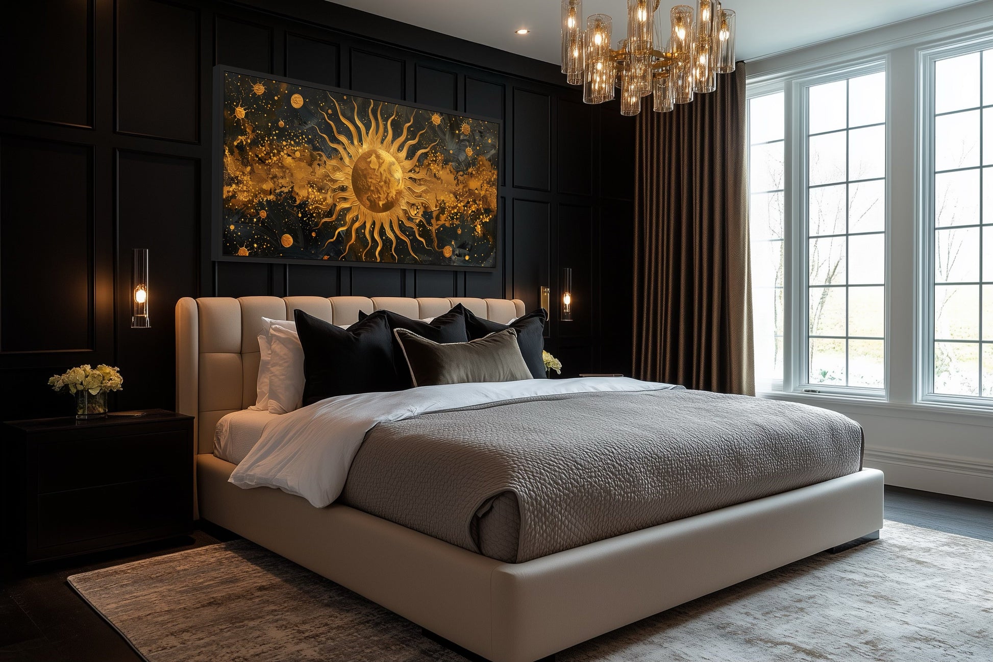 Black Gold Sun Art – Celestial Wall Art | Framed Canvas Print