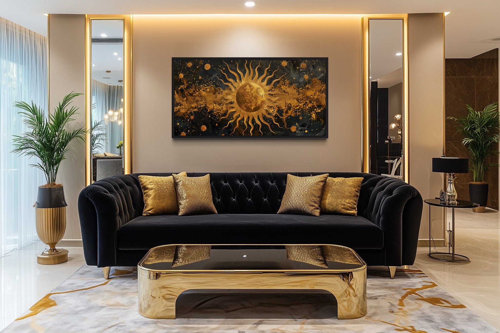 Black Gold Sun Art – Celestial Wall Art | Framed Canvas Print
