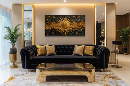 Black Gold Sun Art – Celestial Wall Art | Framed Canvas Print