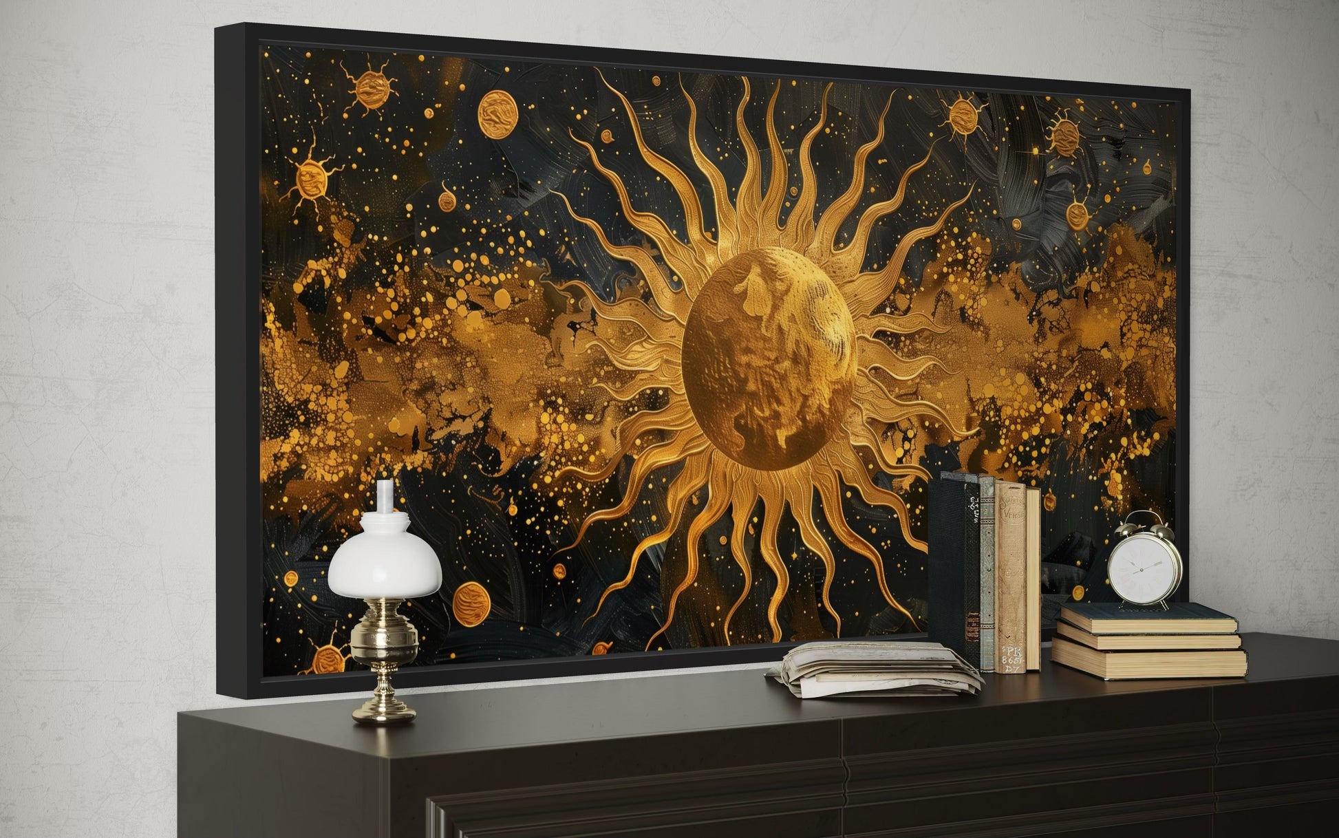Black Gold Sun Art – Celestial Wall Art | Framed Canvas Print