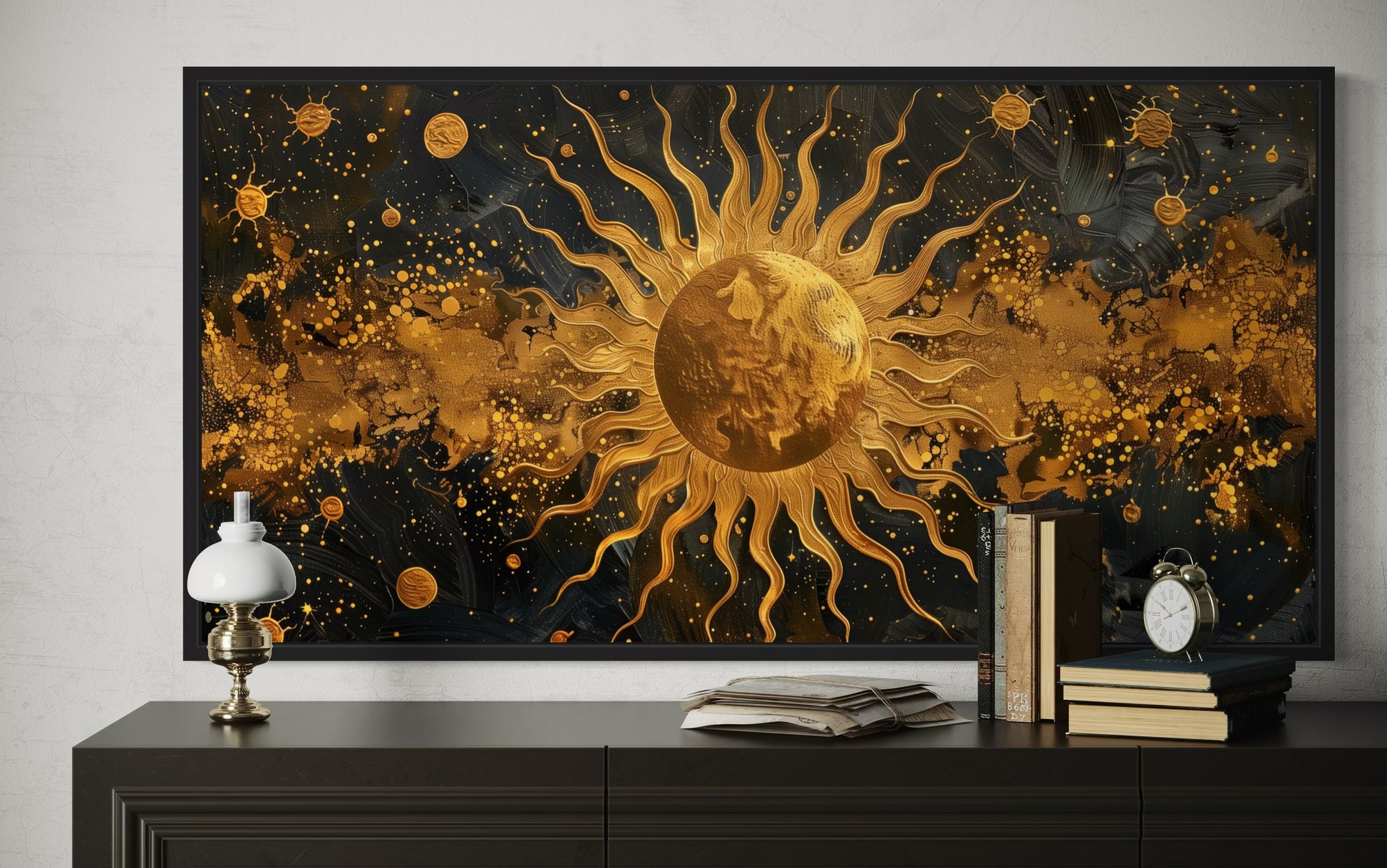 Black Gold Sun Art – Celestial Wall Art | Framed Canvas Print