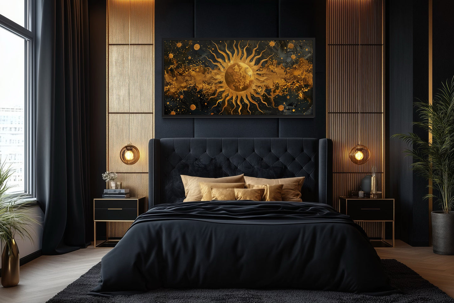 Black Gold Sun Art – Celestial Wall Art | Framed Canvas Print