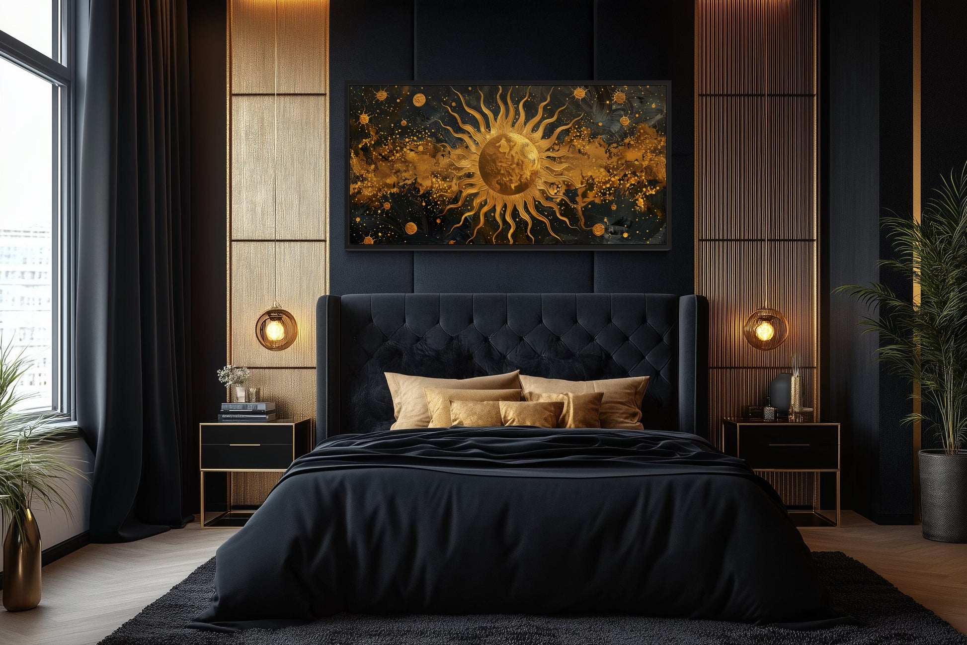 Black Gold Sun Art – Celestial Wall Art | Framed Canvas Print