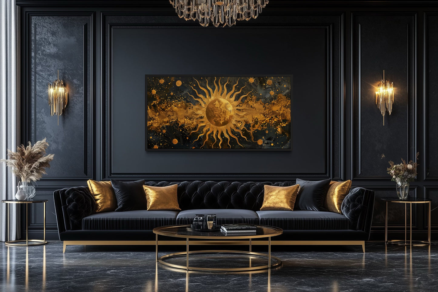 Black Gold Sun Art – Celestial Wall Art | Framed Canvas Print