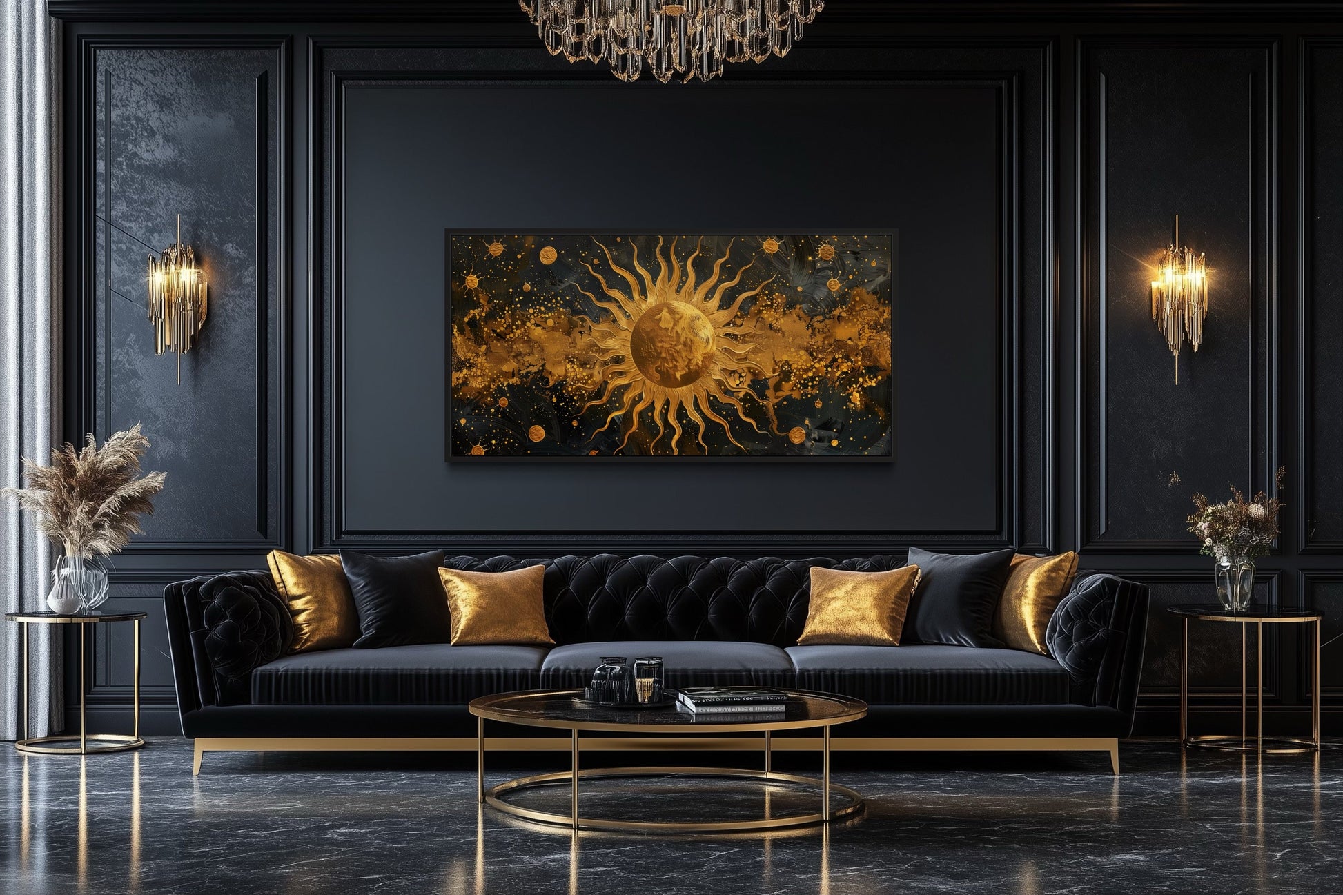 Black Gold Sun Art – Celestial Wall Art | Framed Canvas Print