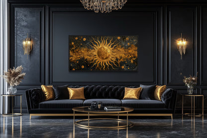Black Gold Sun Art – Celestial Wall Art | Framed Canvas Print