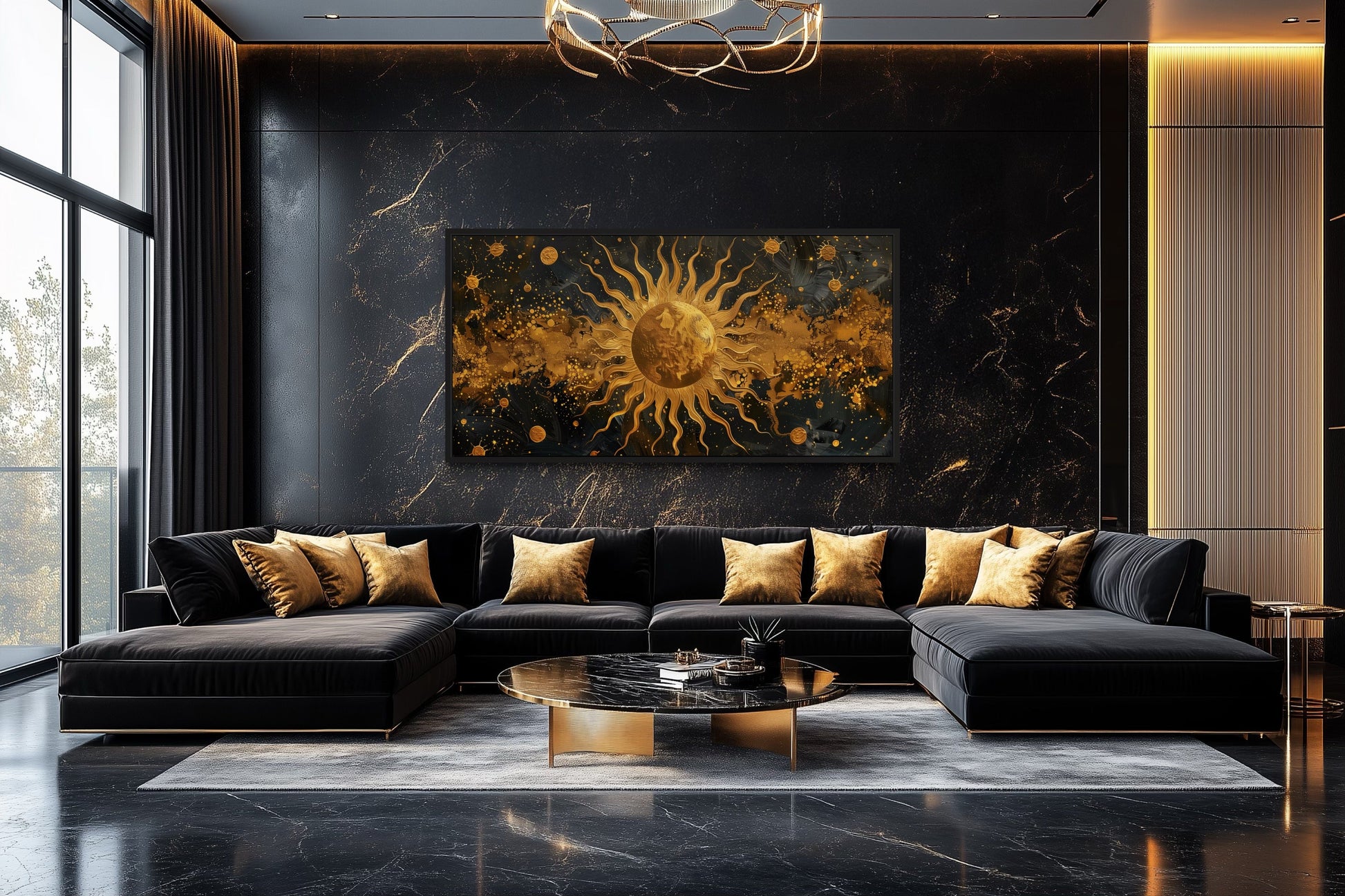 Black Gold Sun Art – Celestial Wall Art | Framed Canvas Print