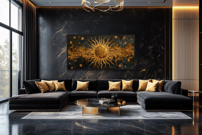 Black Gold Sun Art – Celestial Wall Art | Framed Canvas Print