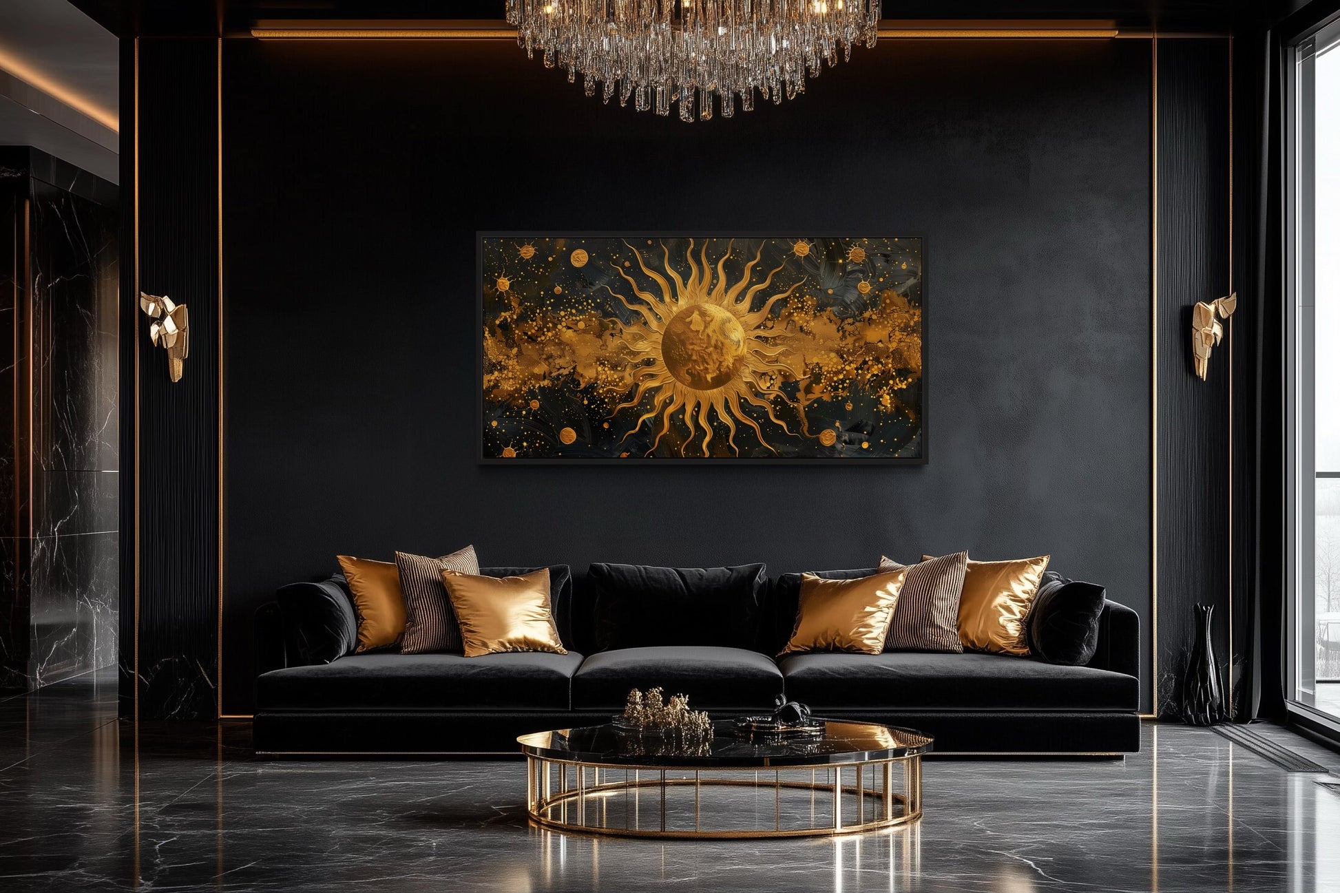 Black Gold Sun Art – Celestial Wall Art | Framed Canvas Print