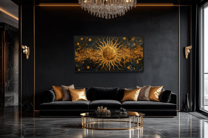 Black Gold Sun Art – Celestial Wall Art | Framed Canvas Print