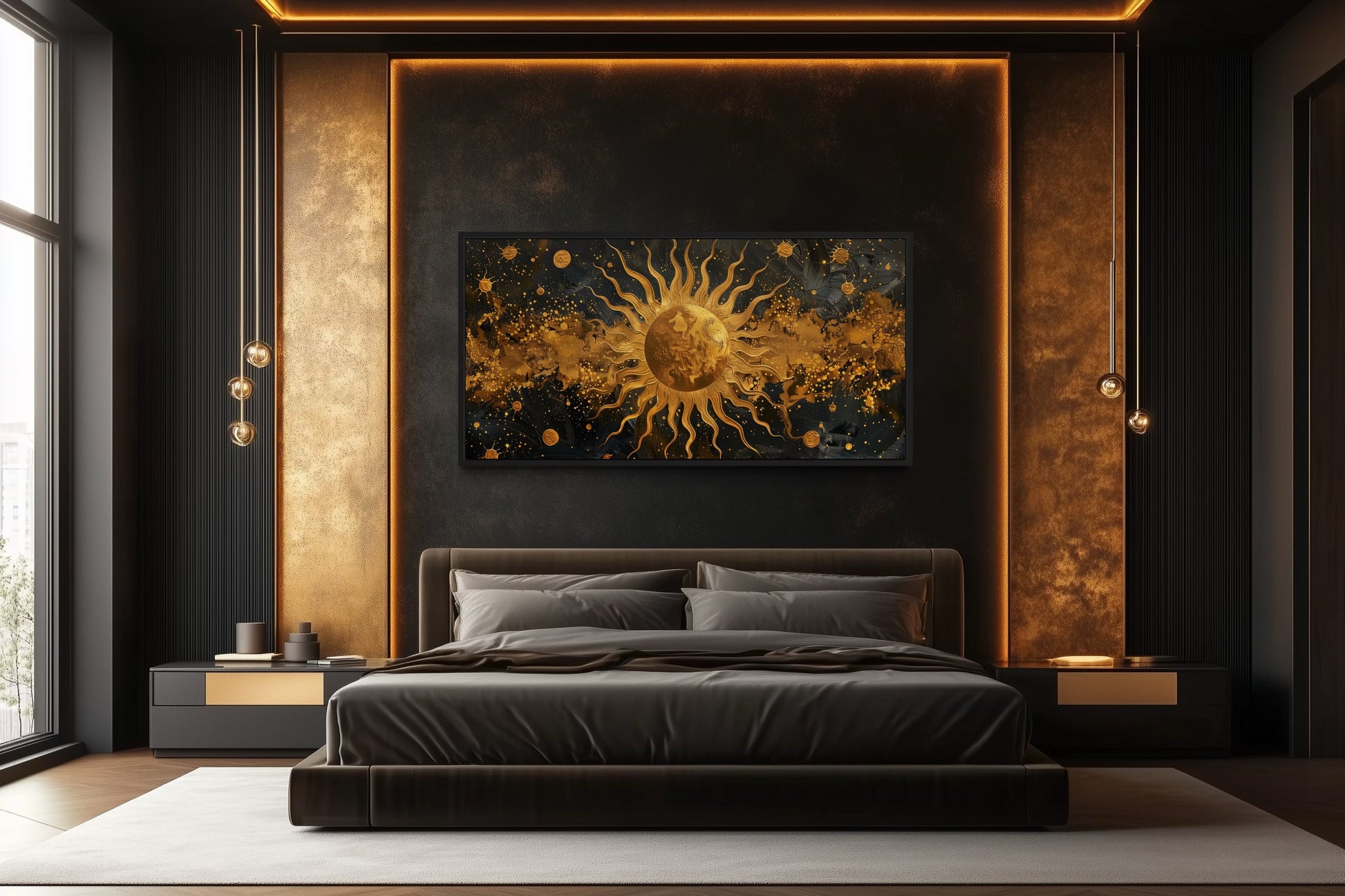 Black Gold Sun Art – Celestial Wall Art | Framed Canvas Print