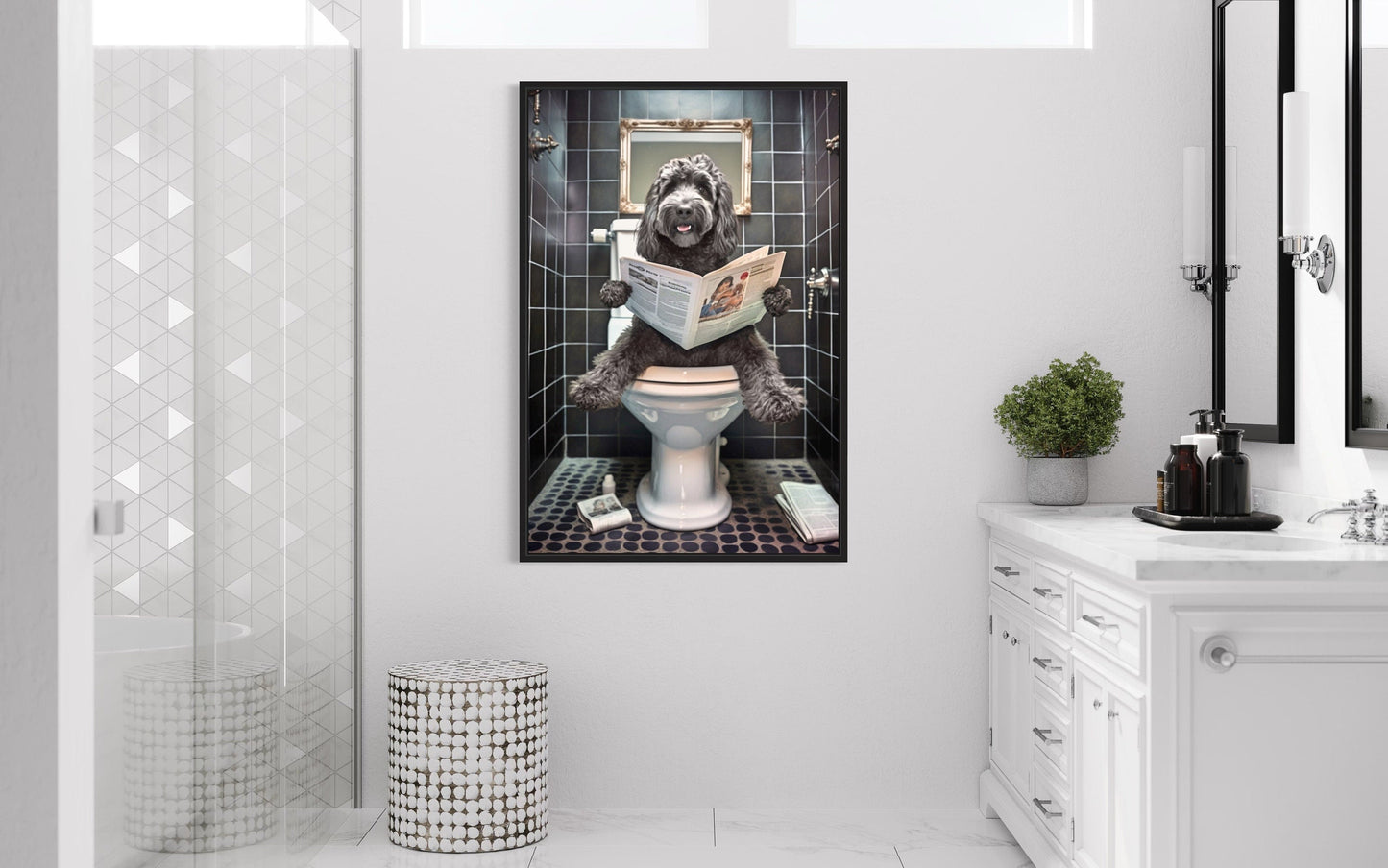 Black Goldendoodle Dog On The Toilet Reading Newspaper Picture Canvas Wall Art