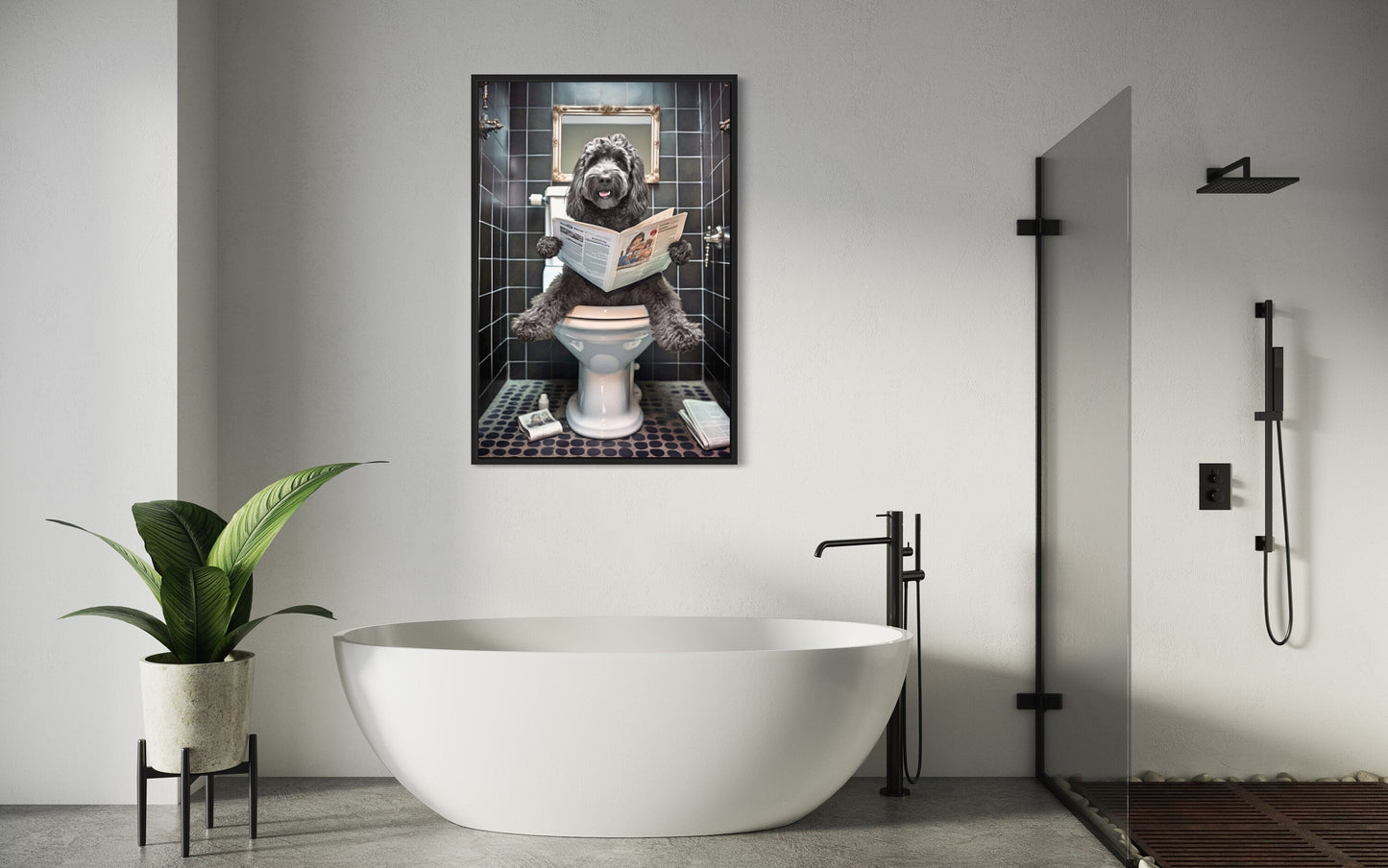 Black Goldendoodle Dog On The Toilet Reading Newspaper Picture Canvas Wall Art