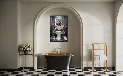Black Goldendoodle Dog On The Toilet Reading Newspaper Picture Canvas Wall Art
