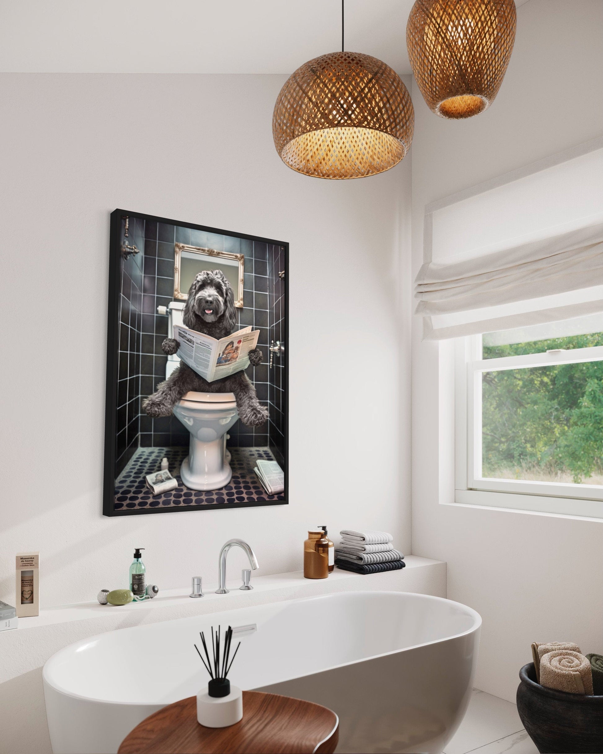 Black Goldendoodle Dog On The Toilet Reading Newspaper Picture Canvas Wall Art