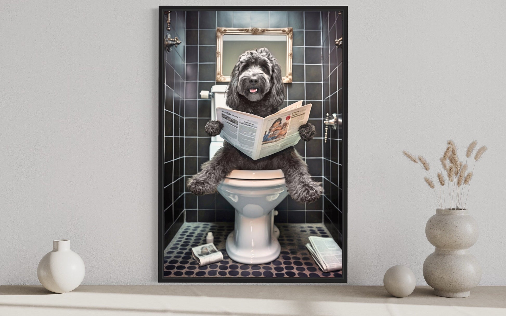 Black Goldendoodle Dog On The Toilet Reading Newspaper Picture Canvas Wall Art