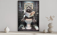 Black Goldendoodle Dog On The Toilet Reading Newspaper Picture Canvas Wall Art