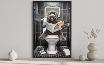 Black Goldendoodle Dog On The Toilet Reading Newspaper Picture Canvas Wall Art