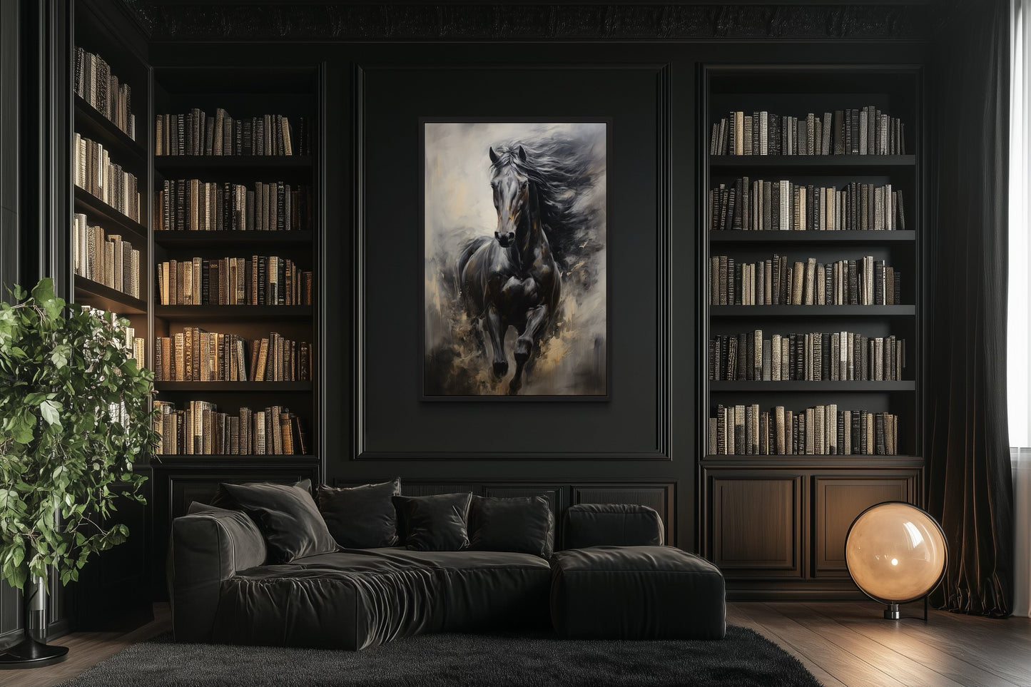 Black Horse Modern Abstract Vertical Painting Extra Large Framed Canvas Wall Art