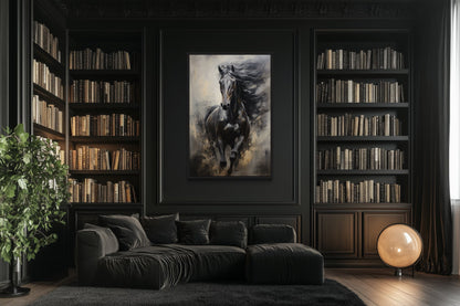 Black Horse Modern Abstract Vertical Painting Extra Large Framed Canvas Wall Art