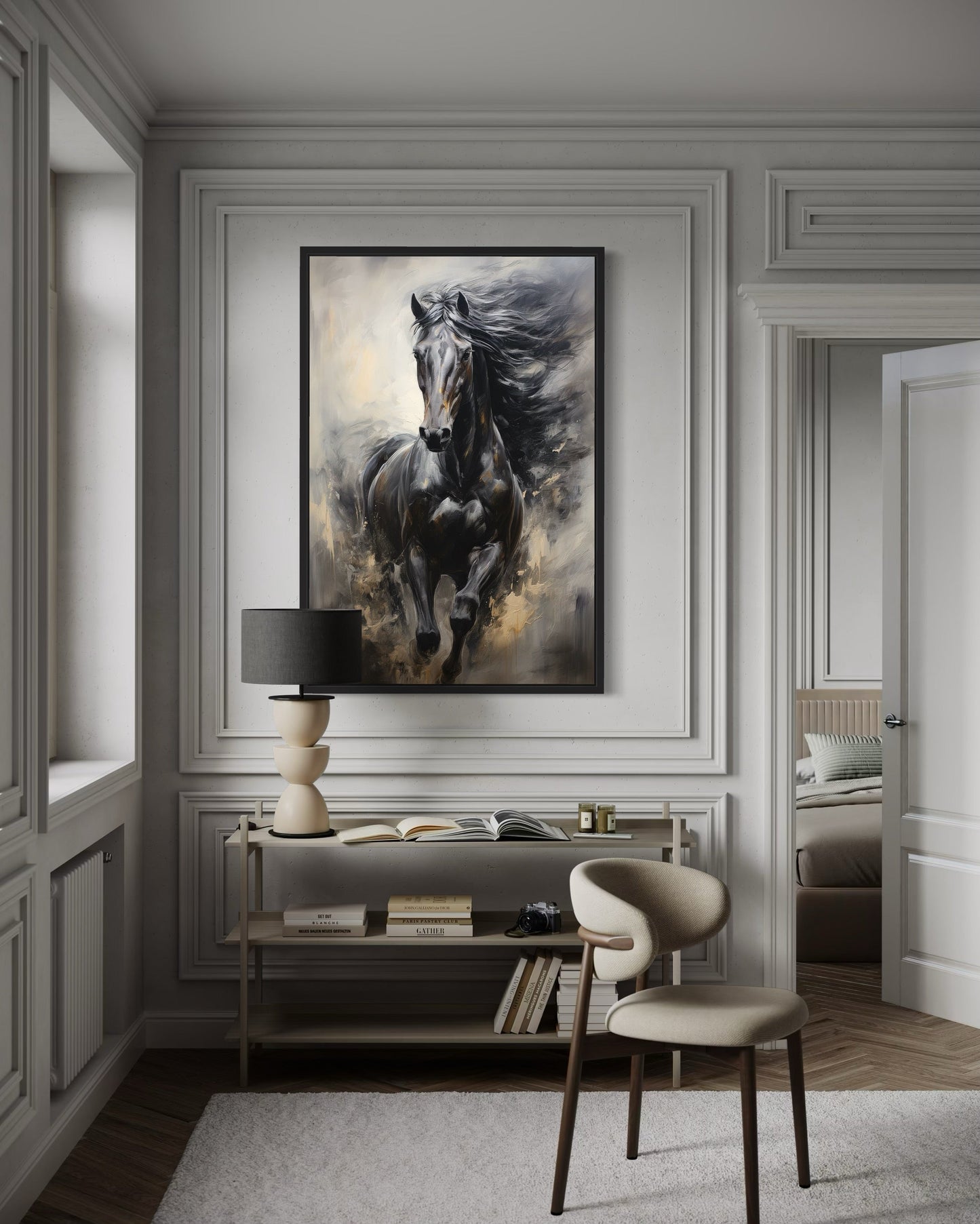 Black Horse Modern Abstract Vertical Painting Extra Large Framed Canvas Wall Art