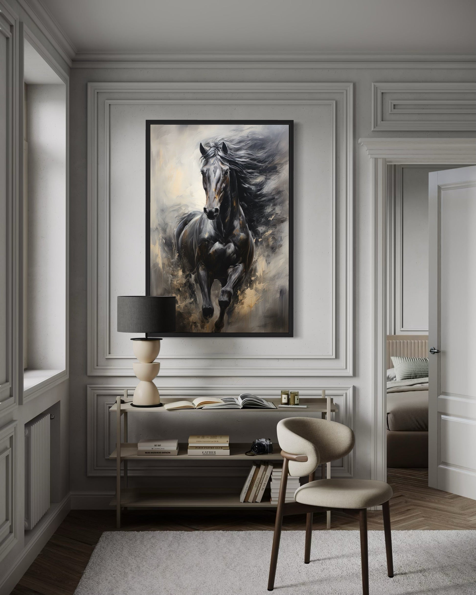 Black Horse Modern Abstract Vertical Painting Extra Large Framed Canvas Wall Art
