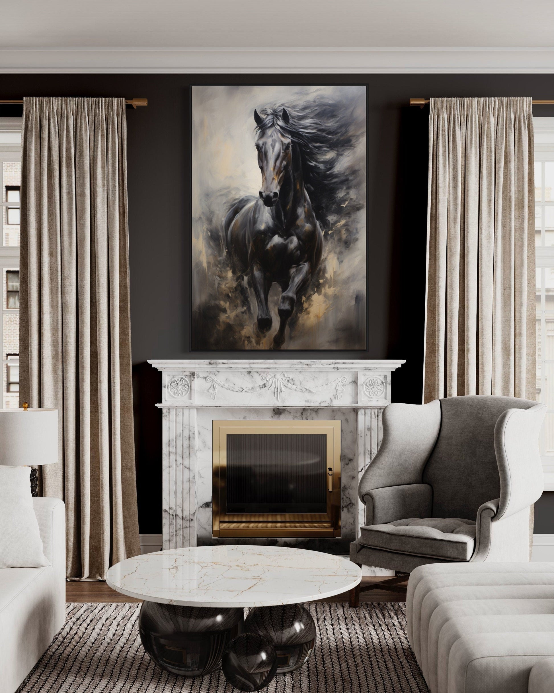Black Horse Modern Abstract Vertical Painting Extra Large Framed Canvas Wall Art