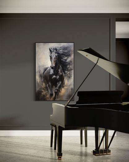 Black Horse Modern Abstract Vertical Painting Extra Large Framed Canvas Wall Art