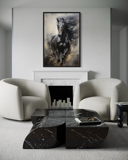 Black Horse Modern Abstract Vertical Painting Extra Large Framed Canvas Wall Art