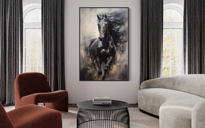 Black Horse Modern Abstract Vertical Painting Extra Large Framed Canvas Wall Art