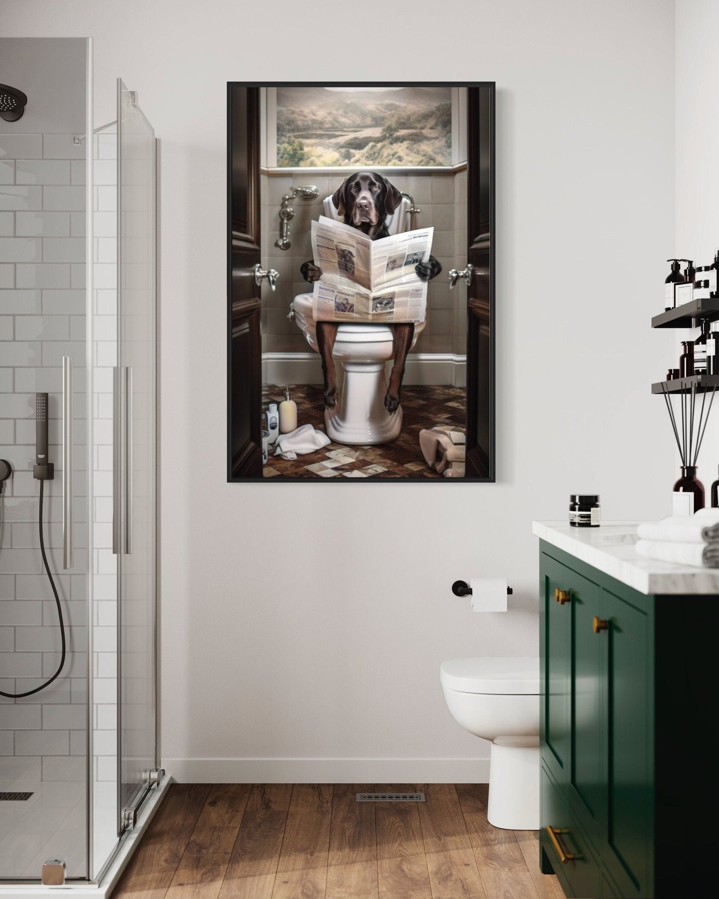Black Labrador Retriever Dog On The Toilet Reading Newspaper Picture Canvas Wall Art