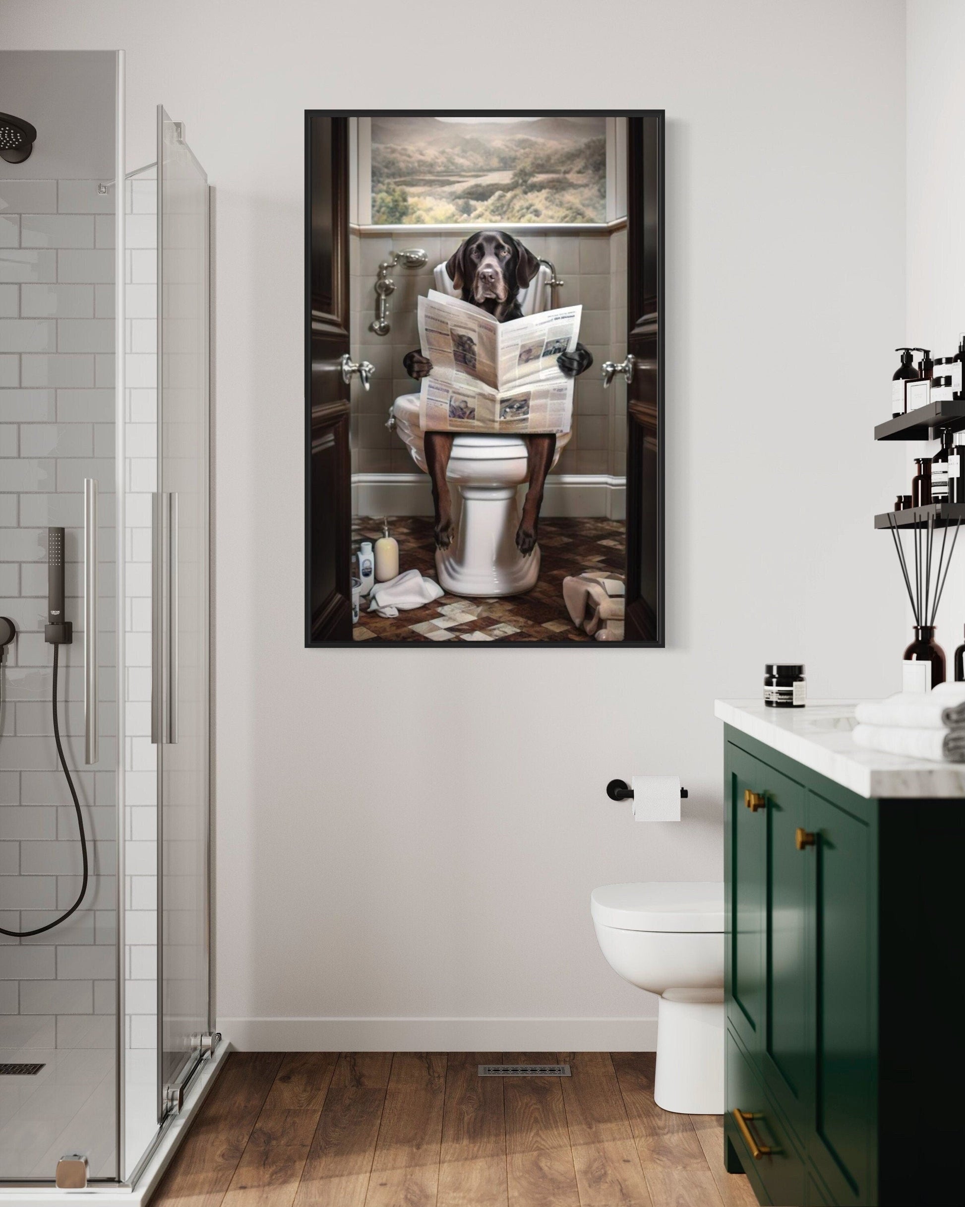 Black Labrador Retriever Dog On The Toilet Reading Newspaper Picture Canvas Wall Art