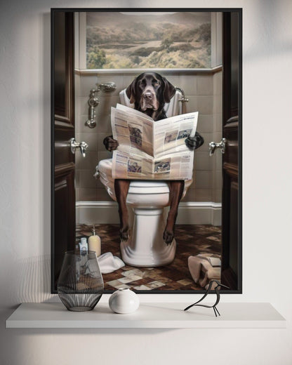 Black Labrador Retriever Dog On The Toilet Reading Newspaper Picture Canvas Wall Art