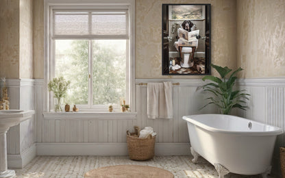 Black Labrador Retriever Dog On The Toilet Reading Newspaper Picture Canvas Wall Art