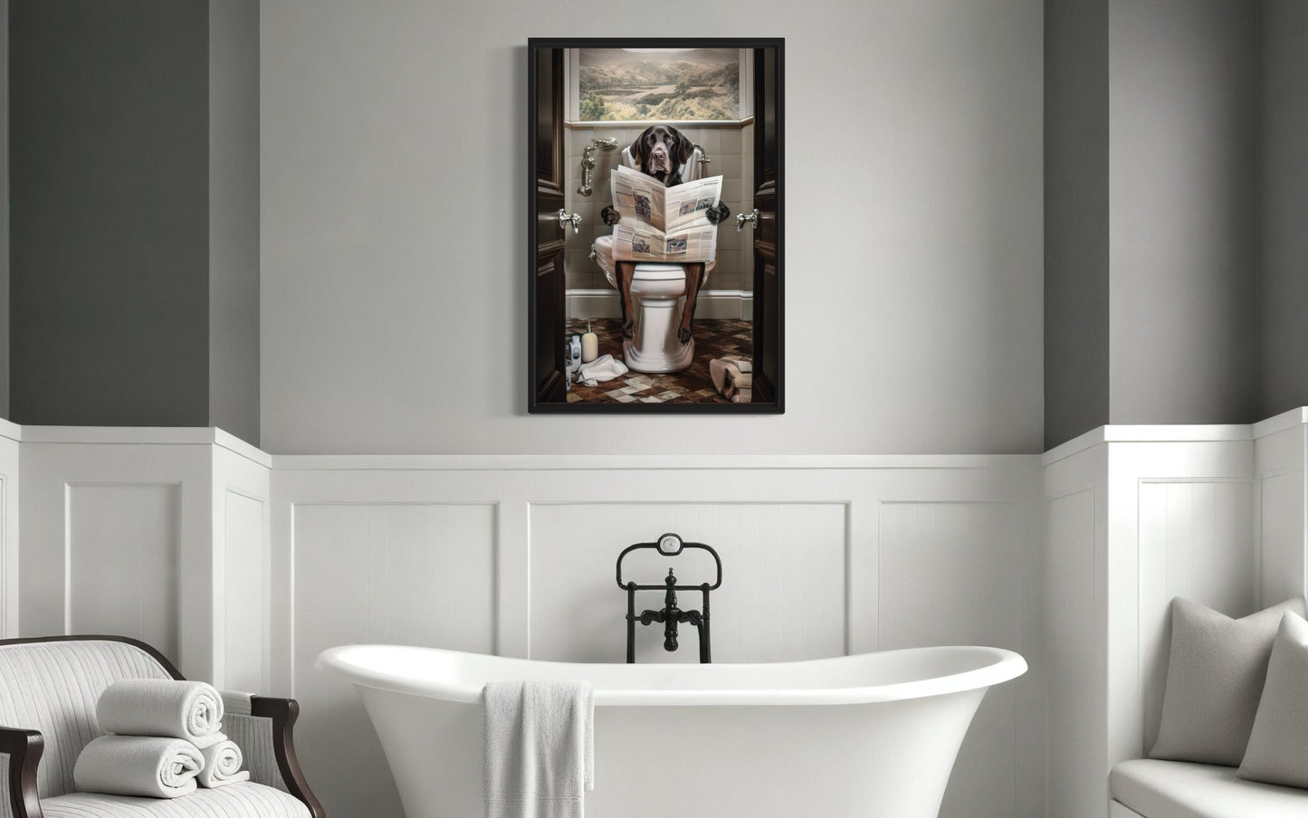 Black Labrador Retriever Dog On The Toilet Reading Newspaper Picture Canvas Wall Art