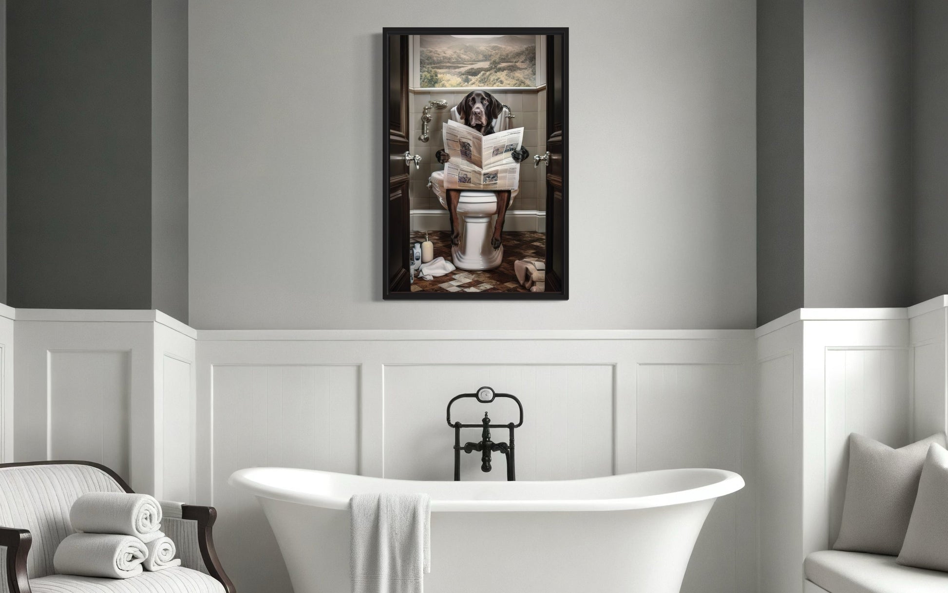Black Labrador Retriever Dog On The Toilet Reading Newspaper Picture Canvas Wall Art