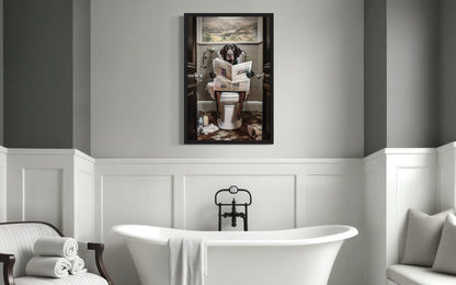 Black Labrador Retriever Dog On The Toilet Reading Newspaper Picture Canvas Wall Art
