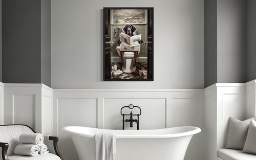Black Labrador Retriever Dog On The Toilet Reading Newspaper Picture Canvas Wall Art