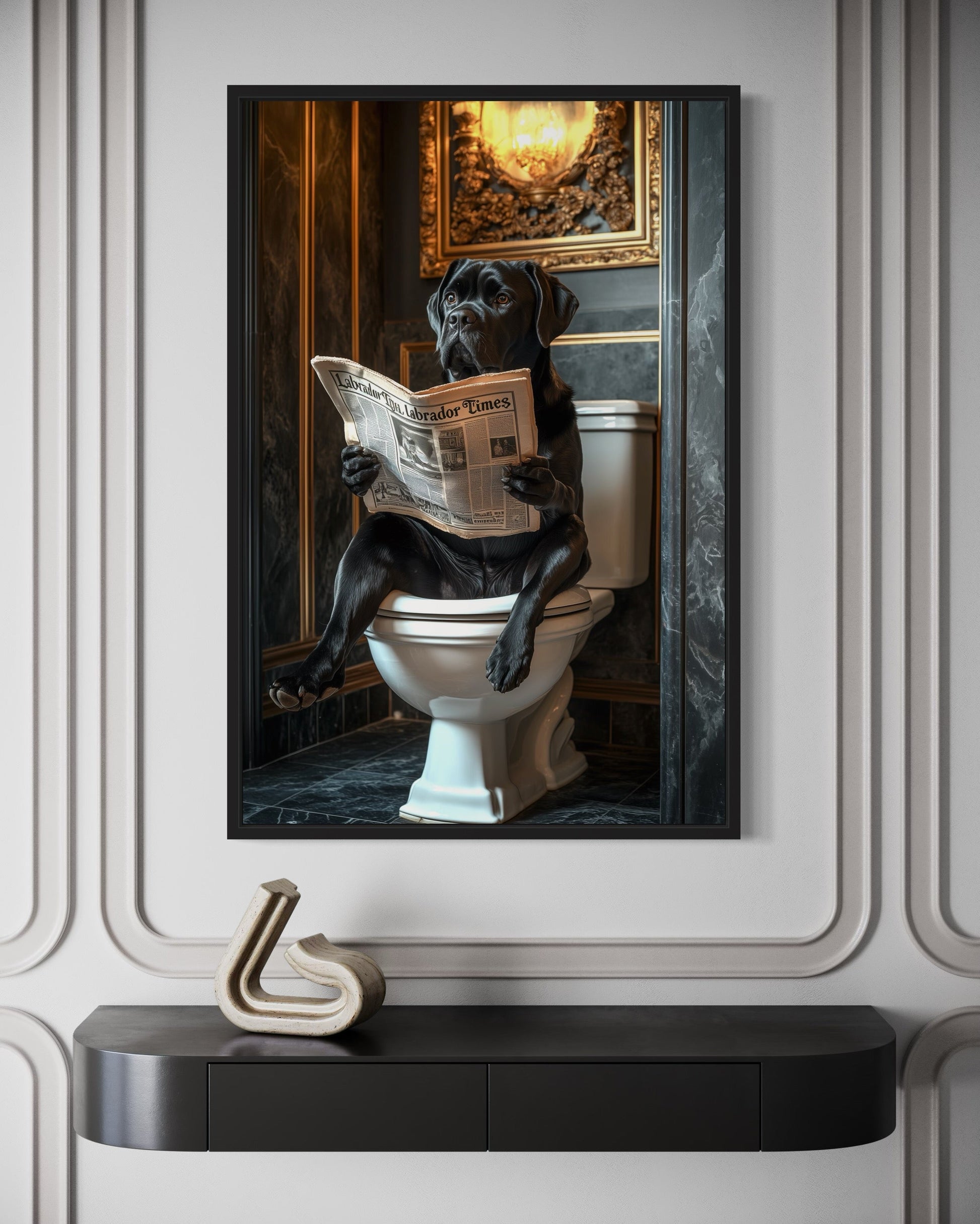 Black Labrador Retriever On Toilet Reading Newspaper Picture Canvas Wall Art