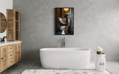 Black Labrador Retriever On Toilet Reading Newspaper Picture Canvas Wall Art