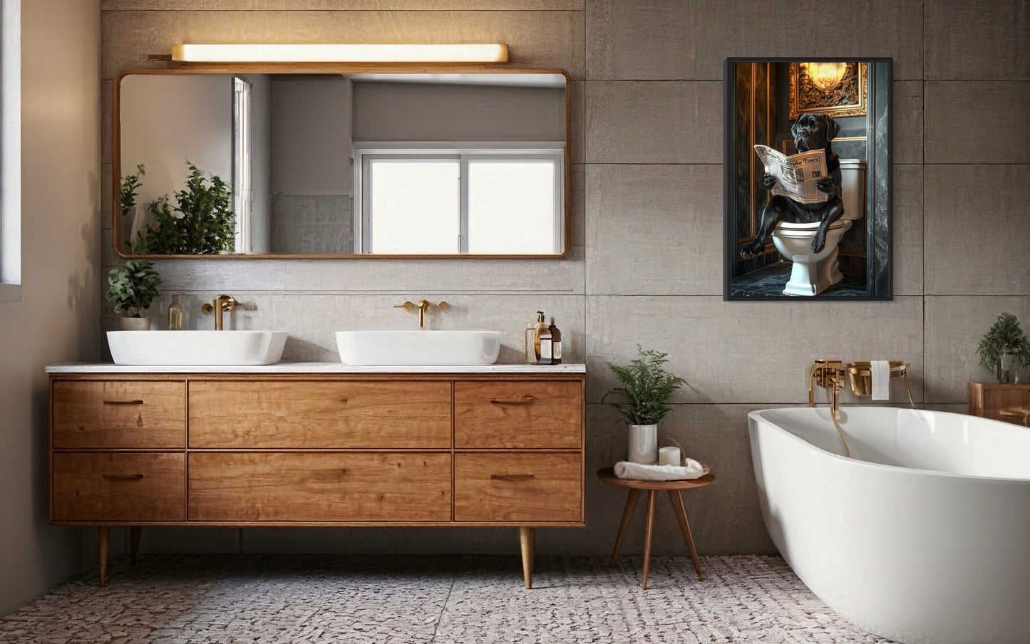 Black Labrador Retriever On Toilet Reading Newspaper Picture Canvas Wall Art