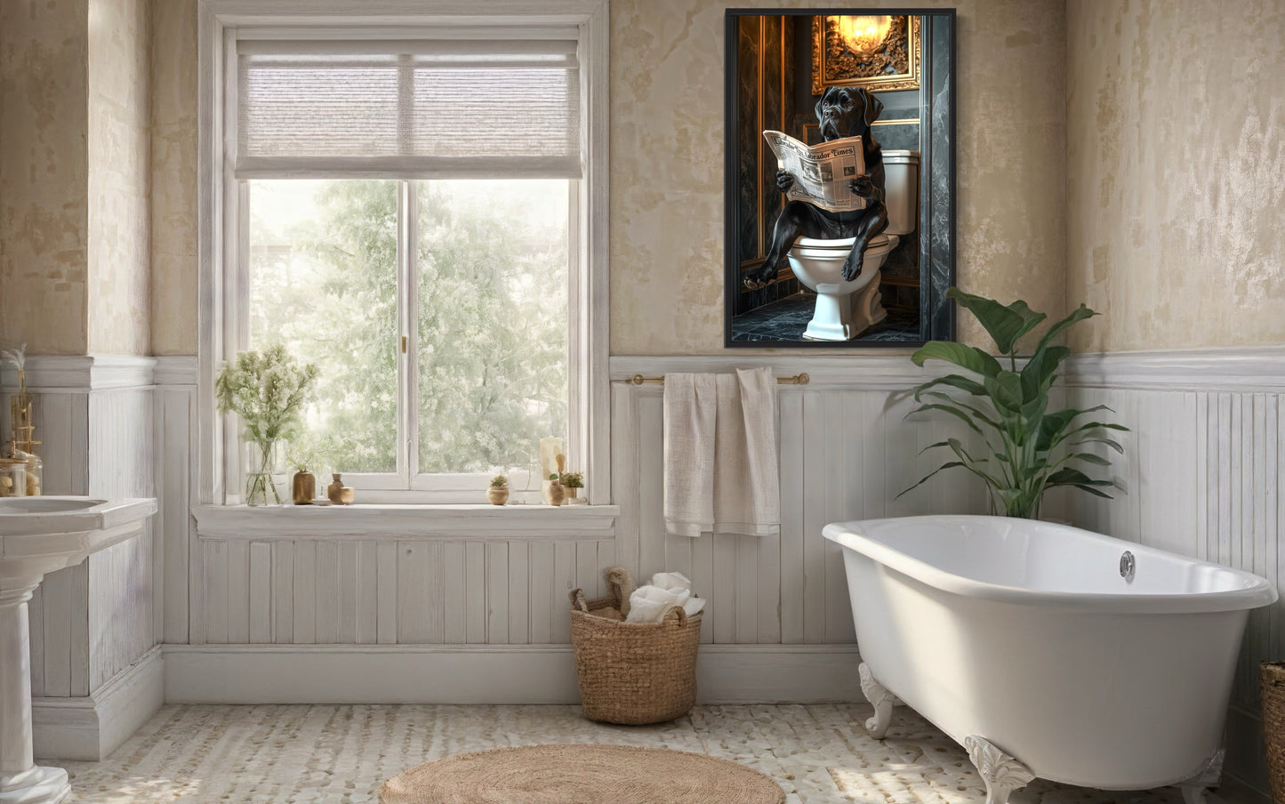 Black Labrador Retriever On Toilet Reading Newspaper Picture Canvas Wall Art