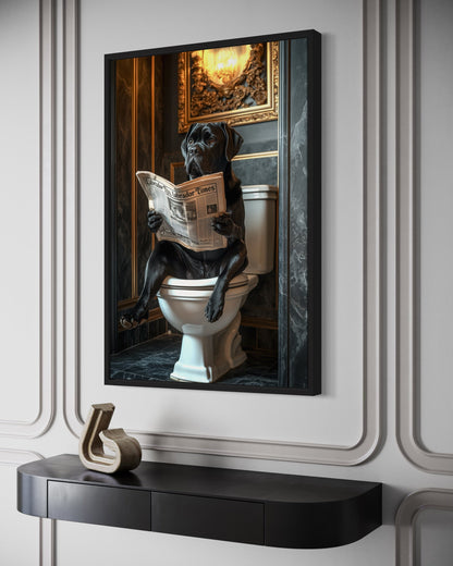 Black Labrador Retriever On Toilet Reading Newspaper Picture Canvas Wall Art