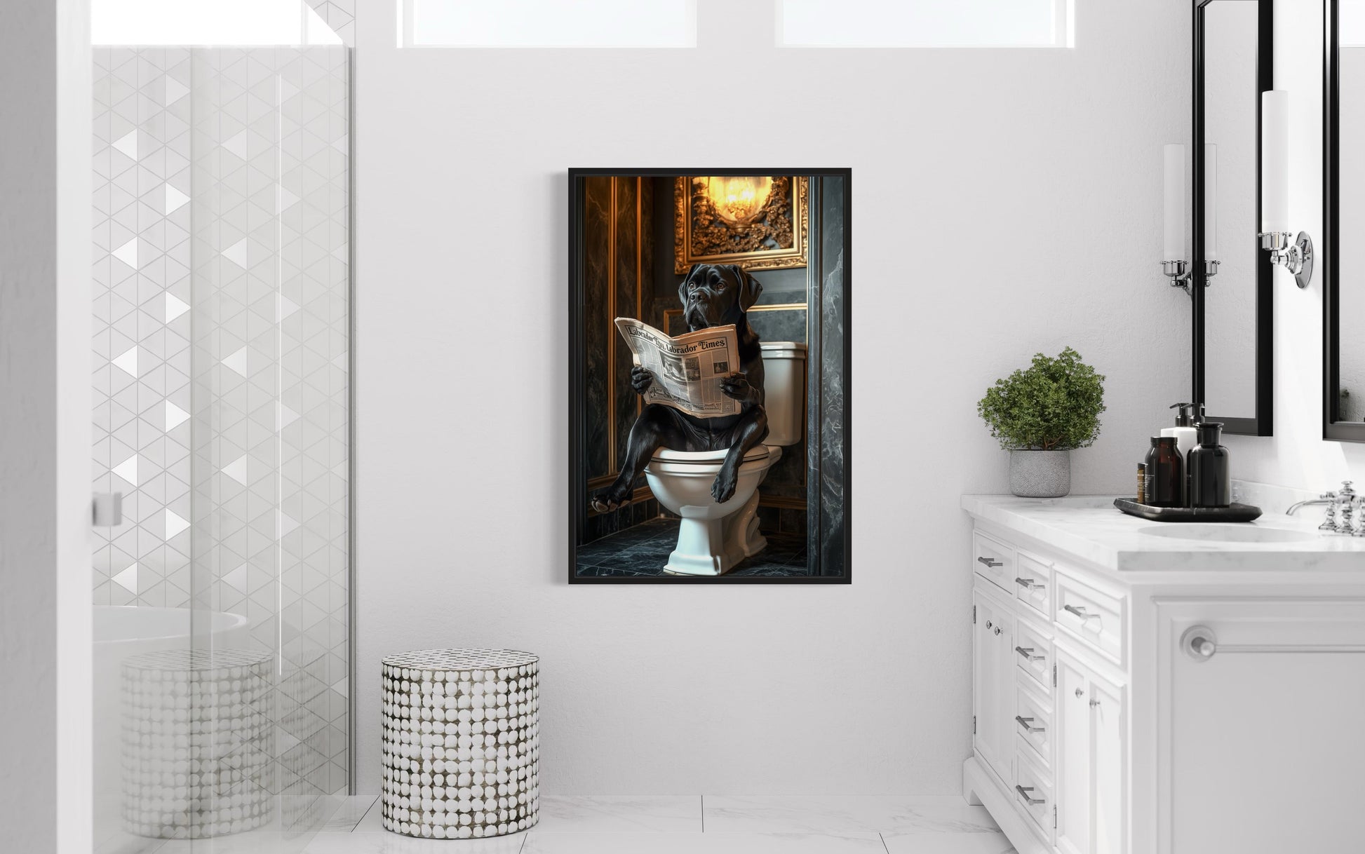 Black Labrador Retriever On Toilet Reading Newspaper Picture Canvas Wall Art