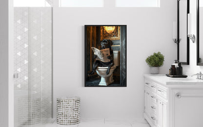 Black Labrador Retriever On Toilet Reading Newspaper Picture Canvas Wall Art