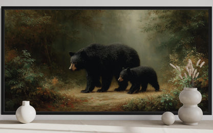 Black Mama Bear And Cub In The Forest Canvas Wall Art