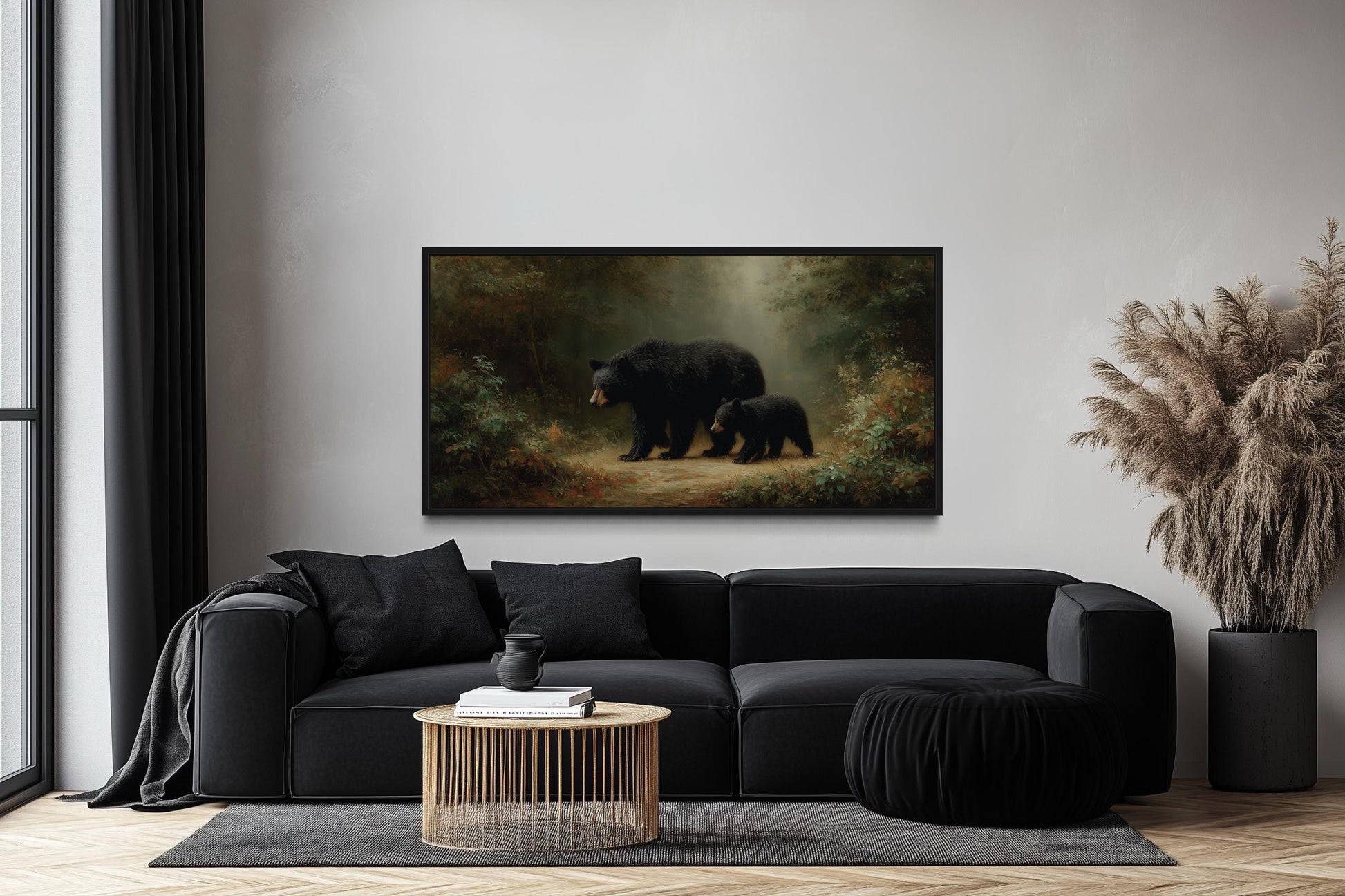 Black Mama Bear And Cub In The Forest Canvas Wall Art