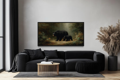 Black Mama Bear And Cub In The Forest Canvas Wall Art