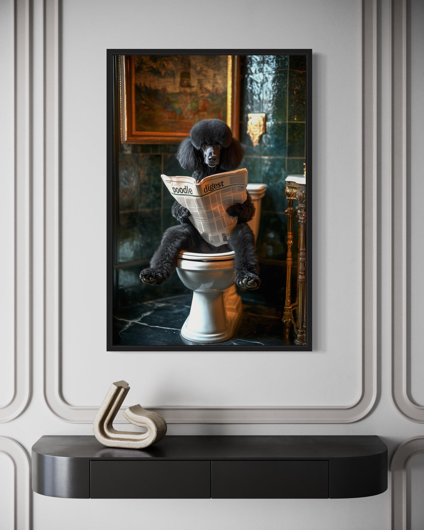 Black Medium Poodle On Toilet Reading Newspaper Picture Canvas Wall Art